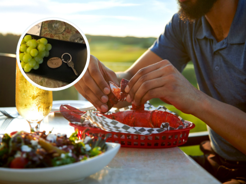Close up of male eating lobster from shell while sitting on a deck; insert photo of guest key on tray with PEI keychain